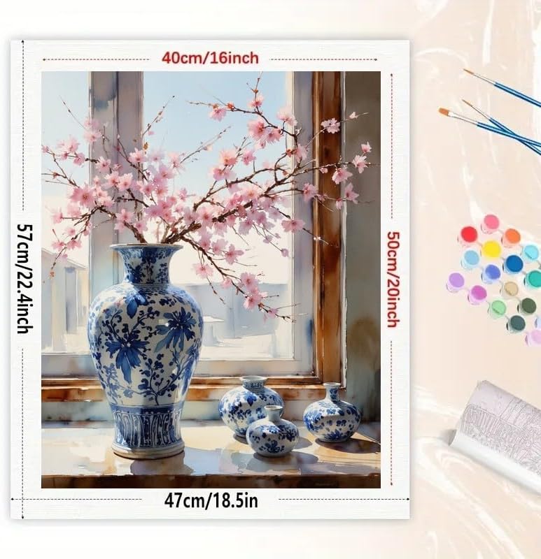 Cherry Blossom Vase Paint by Numbers Kit for Adults - DIY Blue Porcelain with Pink Flowers Painting on Rolled Canvas 16x20In, Acrylic Paint Set for Beginners, Art for Home Decoration or Gifts - Image 3