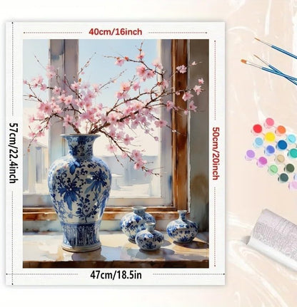 Cherry Blossom Vase Paint by Numbers Kit for Adults - DIY Blue Porcelain with Pink Flowers Painting on Rolled Canvas 16x20In, Acrylic Paint Set for Beginners, Art for Home Decoration or Gifts - Image 3