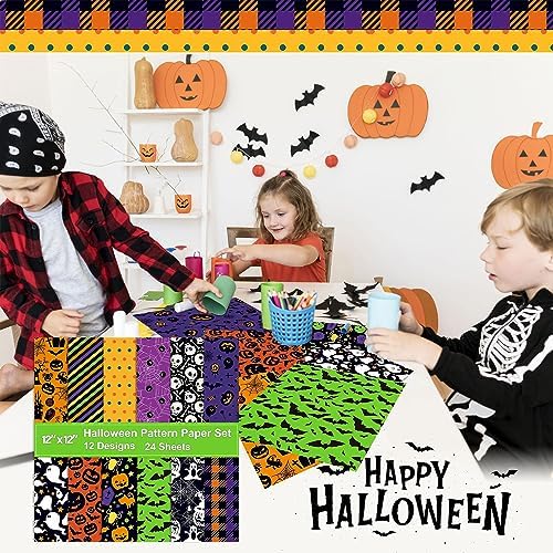 24 Sheets Halloween Pattern Paper Set, 11.8"x11.8" Scrapbooking Supplies Paper Spider Pumpkin Bat Witch Plaid Stripe Dot Origami Paper - 12 Styles - Image 5