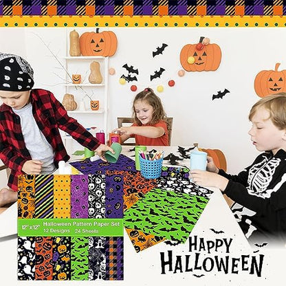 24 Sheets Halloween Pattern Paper Set, 11.8"x11.8" Scrapbooking Supplies Paper Spider Pumpkin Bat Witch Plaid Stripe Dot Origami Paper - 12 Styles - Image 5