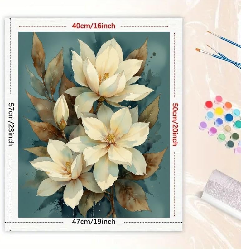 Botanical Painting Paint by Numbers Kit for Adults - DIY Cream Magnolia Flowers and Leaves Painting on Canvas 16x20 Inches, Acrylic Paint Set, Suitable for Beginners, Art for Home Decoration or Gifts - Image 2