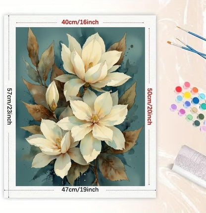 Botanical Painting Paint by Numbers Kit for Adults - DIY Cream Magnolia Flowers and Leaves Painting on Canvas 16x20 Inches, Acrylic Paint Set, Suitable for Beginners, Art for Home Decoration or Gifts - Image 2