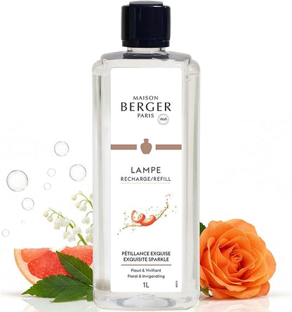 Maison Berger Exquisite Sparkle Lampe Berger Refill, 1 Liter (33.8 fl oz), 2-in-1 Catalytic System, Neutralizes Odors and Diffuses Fragrance, Grapefruit, Rose, Made in France