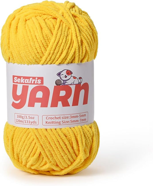 Plush Chunky Chenille Yarn for Crocheting, Soft Fluffy Velvet Yarn for Crocheting, Fuzzy Baby Blanket Knitting Yarns, 100g/131yds Bulky Amigurumi Yarns（Golden Yellow）