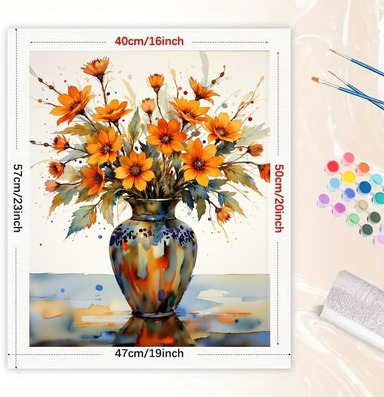 Flower Bouquet Paint by Numbers Kit for Adults - DIY Orange Wildflowers in Vase Painting on Canvas 16x20 Inches, Acrylic Paint Set, Suitable for Beginners, Art for Home Decoration or Gifts - Image 2