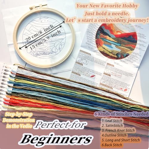 FONNUY Embroidery Kit for Beginners, Brightly Colored Landscape Lake Pre-Stamped Pattern Kits for Adults with Hoop, Easy to Follow Color Thread Needlework, 8'' Hoop (Darkblue) - Image 5