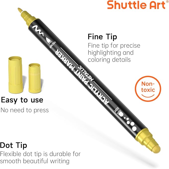 28 Metallic Colors Dual Tip Acrylic Paint Markers, Dot Tip and Fine Tip Acrylic Paint Pens for Rock, Ceramic, Wood, Canvas, Plastic, Glass, Stone, Calligraphy, Card Making, Crafts & Nail Art