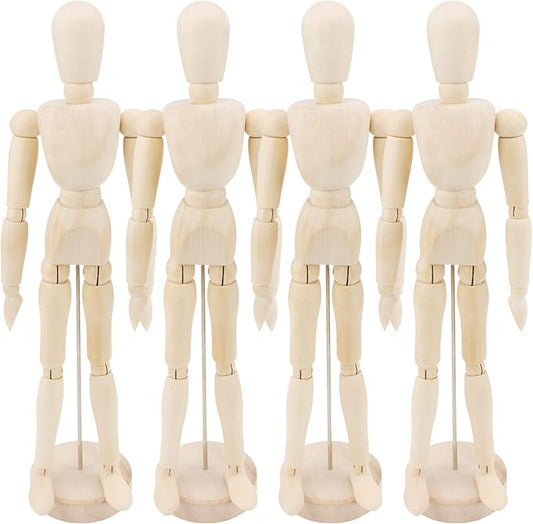ZEONHEI 4 Pack 12 Inch Wooden Artists Model, Wooden Art Mannequin Moveable Drawing Mannequin, Posable Wooden Figure with Base, Articulated Mannequin Wooden Manikin for Drawing, Painting, Home Decor