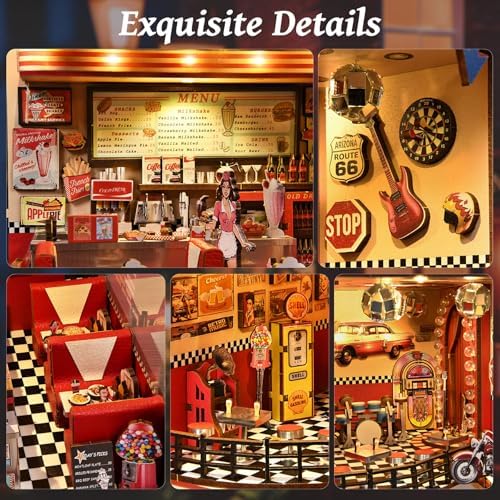 fifijoy Book Nook Kit - DIY Miniature Dollhouse for Adults and Teens, 3D Wooden Puzzle Booknook with LED Light, Retro Tiny House Bookshelf Insert Decor, Gifts for Family, Friends (1950s Diner) - Image 4