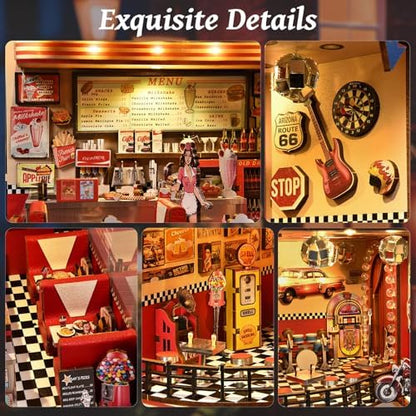 fifijoy Book Nook Kit - DIY Miniature House Kit for Adults, Retro 1950s Diner Tiny House Building Kit with LED, Dollhouse Kit Bookshelf Insert Decor Gifts of Family and Friends (1950s Diner) - Image 2