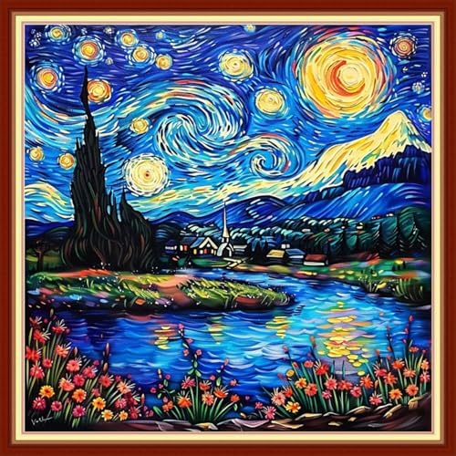 Redxing Stamped Cross Stitch Kits Embroidery kit for Beginners Adults Full Range of Embroidery Patterns Starter Kits DIY Printed Cross Stitch Kits Needlepoint Kits 11CT-Starry Night 18x18 inchs by RedxingStampedCrossStitchK