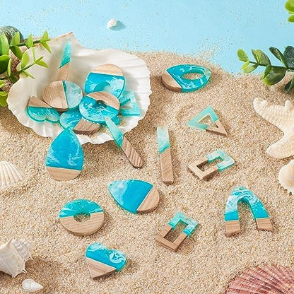 FASHEWELRY 20Pcs Ocean Resin Wood Earring Charms Transparent Wooden Earring Blanks Blue Geometry Boho Charms Summer Wooden Earring Pieces for DIY Jewelry Making - Image 7