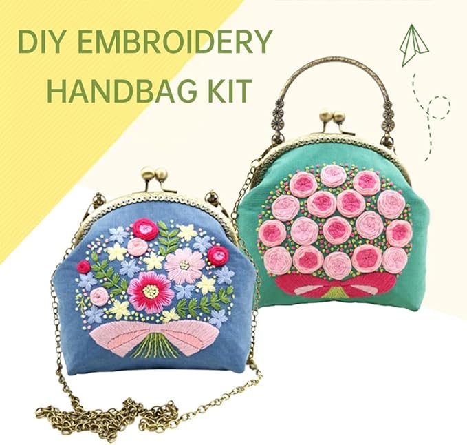Eforcase Flower Embroidery Kit Tote Bag, Embroidery Coin Purse Kits Handbag Hand Embroidery Kit for Adults Beginner with Embroidery Patterns, Embroidery Hoop,DIY Sewing Kit
