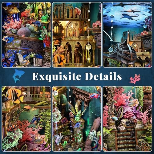 fifijoy Book Nook Kit - DIY Miniature Dollhouse for Adults and Teens, Creative Bookshelf Decor 3D Wooden Puzzle Bookend with LED Light, Unique Gift for Family and Friends (Lost City of Atlantis) - Image 3