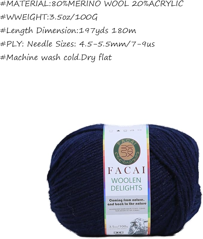Facai Blend Merino Wool Yarn for Knitting - Worsted Weight,197yds (3.5oz) Ball, Ideal for Sweaters, Scarves, and Accessories (3, Navy)