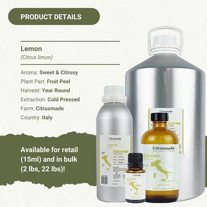 Nature Packaged Lemon Essential Oil - Direct from Citrusmade Southern Italy - Cold Pressed - Aceite de Limón for Aromatherapy, Massage, Diffuser, DIY Candle and Soap Making - 2lbs