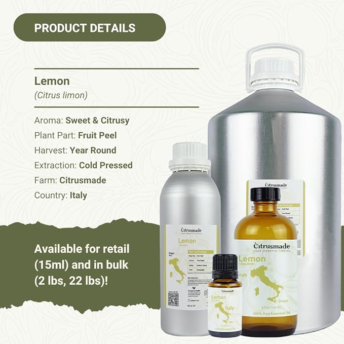 Nature Packaged Lemon Essential Oil - Direct from Citrusmade Southern Italy - Cold Pressed - Aceite de Limón for Aromatherapy, Massage, Diffuser, DIY Candle and Soap Making - 22lbs