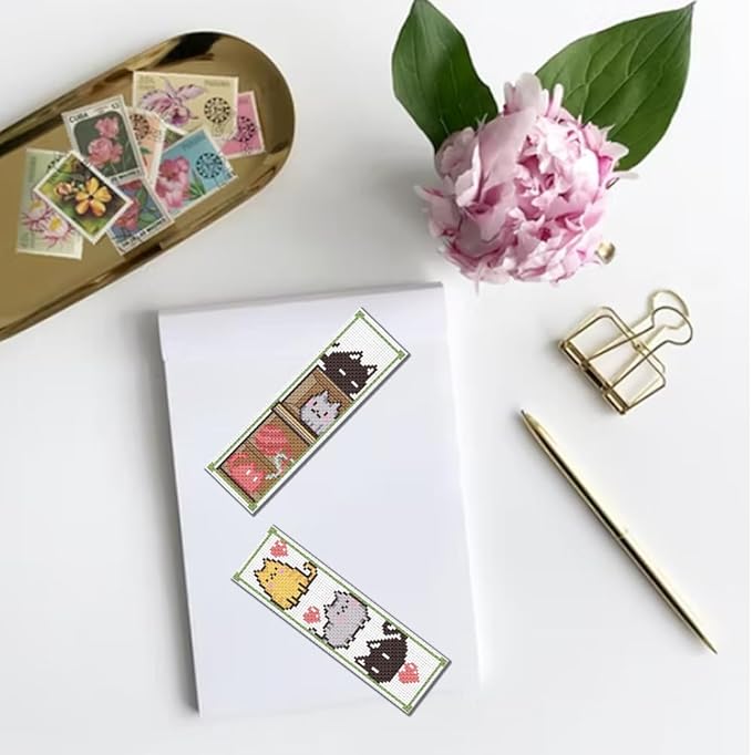 FREEBLOSS 6 Set Cross Stitch Bookmark Kit Counted Cross Stitch Kit Embroidery Bookmarks with Instruction Cartoon Cat Embroidery Kit for Beginners Adults 8''x2.4''