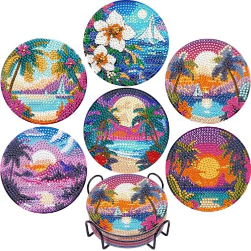 EWJRNSF 6 PCS Ocean Beach Diamond Art Coasters Kit with Holder for Adults by EWJRNSFDiamondPainting