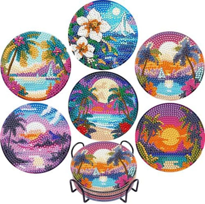 EWJRNSF 6 PCS Ocean Beach Diamond Art Coasters Kit with Holder for Adults by EWJRNSFDiamondPainting