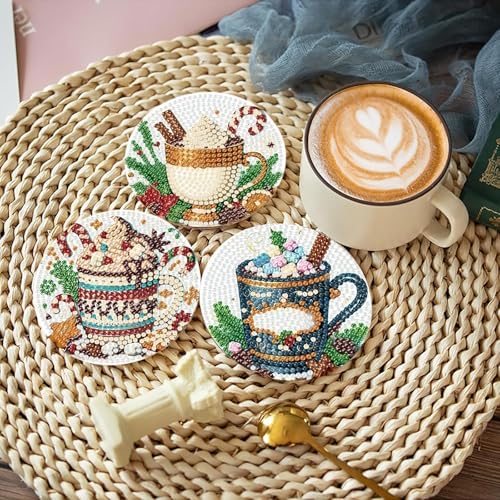 8 Pcs Christmas Coffee Diamond Painting Coasters Kits with Holder, DIY Christmas Diamond Art Coaster Kits for Adults, Paint with Diamonds Coasters Craft Supplies for Holiday Home Decor - Image 4