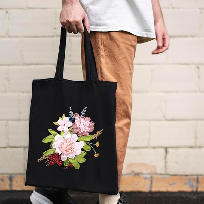 Canvas Tote Bag Silk Ribbon Embroidery Kit for Beginners, Arts DIY Crafts Starter kit, Include Stamped Bag Threads Hoop