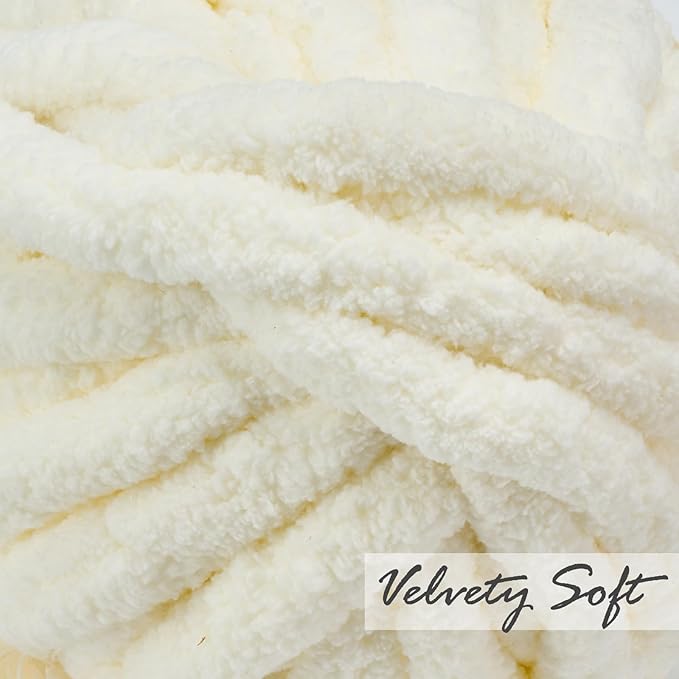 ERLYEEN Chenille Chunky Yarn Super Bulky Soft Thick Fluffy Jumbo Giant Washable Polyester Big Yarn DIY for Arm Knit Blanket Cushion Bed Sofa Home Decor,Milk White,0.55LB