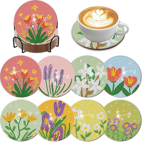 DOTZSO Diamond Art Coaster Kit 8Pcs Flower Diamond Painting Coaster 4×4in by DOTZSODiamondPainting