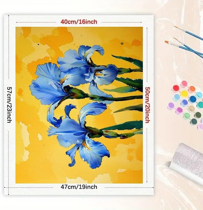 Botanical Design Paint by Numbers Kit for Adults - DIY Blue Iris Flowers on Yellow Painting on Canvas 16x20 Inches, Acrylic Paint Set, Suitable for Beginners,Art for Home Decoration or Gifts - Image 2