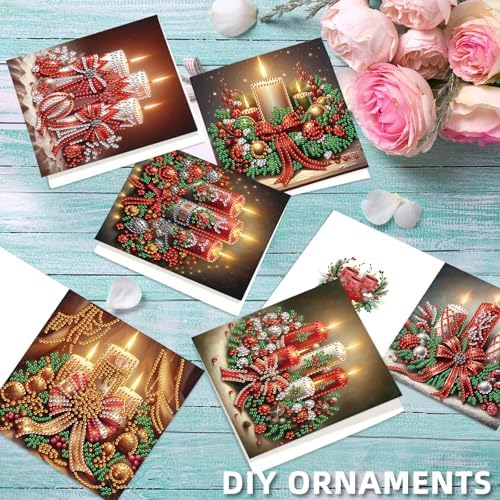 jinglinhh 6pcs Christmas Bow Candle Diamond Art Painting Greeting Cards with Envelopes, DIY Card Making Kits for Adults, Diamond Art Postcards Christmas Cards Craft Gifts - Image 6