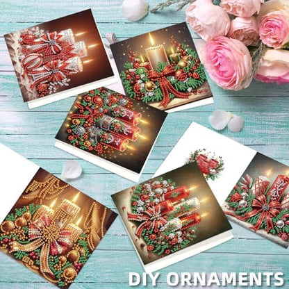 jinglinhh 6pcs Christmas Bow Candle Diamond Art Painting Greeting Cards with Envelopes, DIY Card Making Kits for Adults, Diamond Art Postcards Christmas Cards Craft Gifts - Image 6