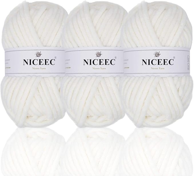 NICEEC 3 Skeins Sparkling Chenille Yarn Soft Blanket Yarn for Crochet & Knitting, Total 165yds/10.6oz - White