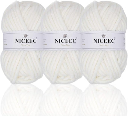 NICEEC 3 Skeins Sparkling Chenille Yarn Soft Blanket Yarn for Crochet & Knitting, Total 165yds/10.6oz - White