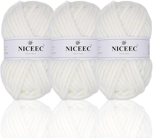 NICEEC 3 Skeins Sparkling Chenille Yarn Soft Blanket Yarn for Crochet & Knitting, Total 165yds/10.6oz - White