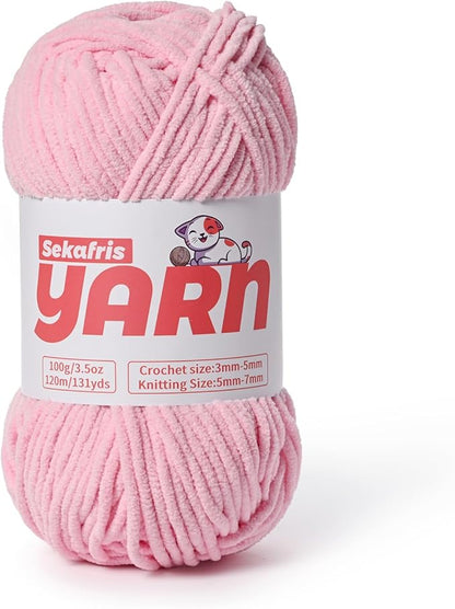 Plush Chunky Chenille Yarn for Crocheting, Soft Fluffy Velvet Yarn for Crocheting, Fuzzy Baby Blanket Knitting Yarns, 100g/131yds Bulky Amigurumi Yarns（Pink）
