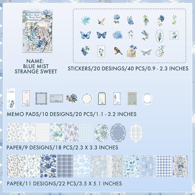 OKUPAN Scrapbook Supplies Kit – 100Pcs Vintage Floral Scrapbook Paper & Junk Journal Stickers, Journaling Supplies for Bullet Journaling, Retro Crafts, Mixed Media, Planner, Collage Card Album (Blue) - Image 7