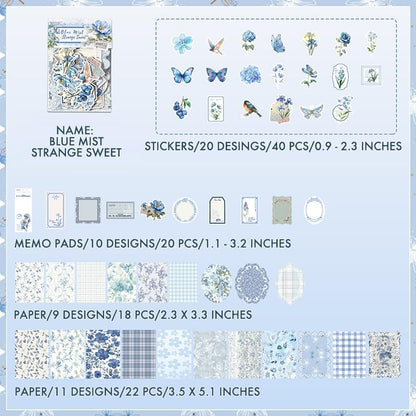 OKUPAN Scrapbook Supplies Kit – 100Pcs Vintage Floral Scrapbook Paper & Junk Journal Stickers, Journaling Supplies for Bullet Journaling, Retro Crafts, Mixed Media, Planner, Collage Card Album (Blue) - Image 7