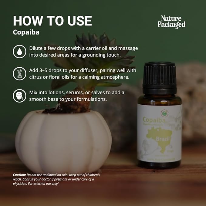 Nature Packaged Copaiba Essential Oil - Direct from Amazon Jungle Essential Oils Brazil - Steam Distilled - Aceite de Copaiba for Aromatherapy, Massage, Diffuser, DIY Candle and Soap Making - 15ml