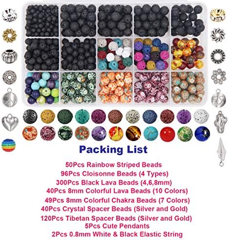 EuTengHao 702Pcs Lava Beads Stone Rock Beads Rainbow Striped Beads Kit with Chakra Beads Cloisonne Beads Spacer Beads Bracelet String Cord for Diffuser Essential Oils Adult Jewelry Making Supplies - Image 4