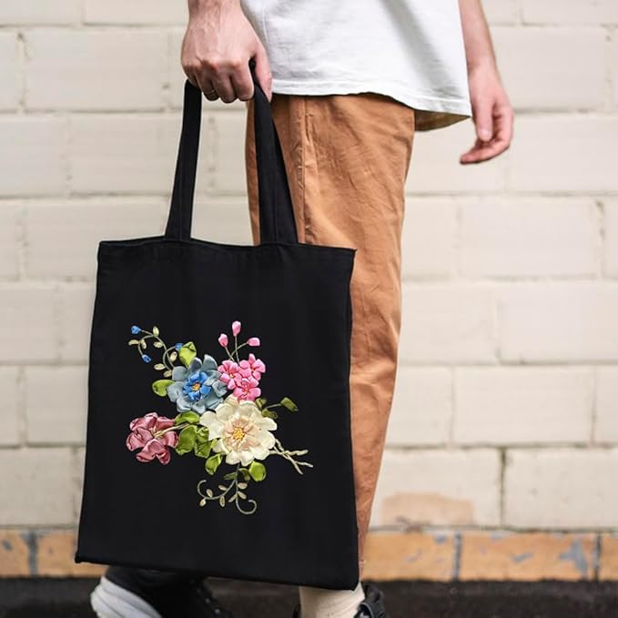 Canvas Tote Bag Silk Ribbon Embroidery Kit for Beginners, Arts DIY Crafts Starter kit, Include Stamped Bag Threads Hoop