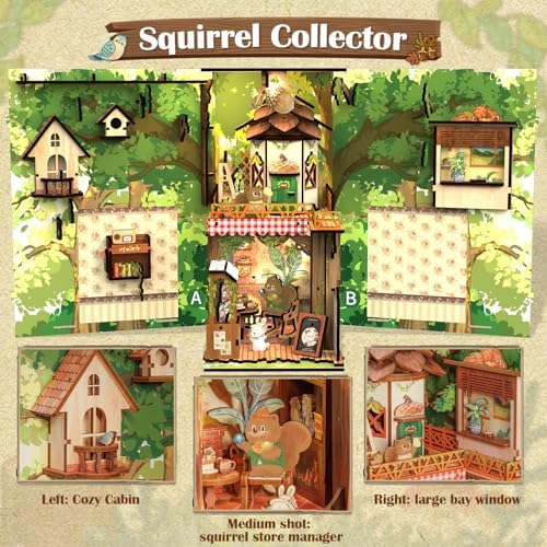 Cutefun Book Nook Kit, DIY Miniature Booknook Kit for Adults, 3D Wooden Puzzle Bookend Bookshelf Decor with LED Light & Dust Cover Creative Crafts Gifts for Book Lovers (Squirrel Collector) - Image 5