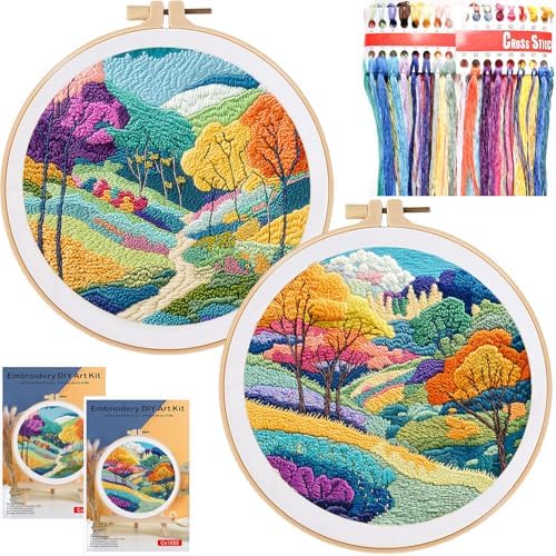 FONNUY 2 Set Embroidery Kit DIY for Adult Beginner, Pre-Stamped Patterns Mountain Sea Embroidery Kits with Hoop, Colored Threads and Needles, Easy to Follow Needlework (Autumn Trees) by FONNUY