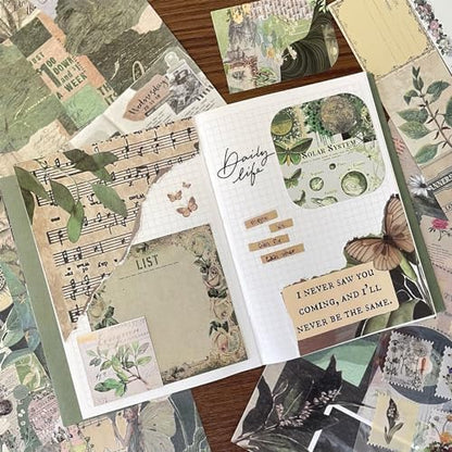BoomTeck Vintage Scrapbooking Kit, Aesthetic Junk Journal Supplies with Scrapbook Paper, Washi Stickers, A6 Grid Notebook - DIY Craft Journaling Gift for Teen Girl Adult (Green) - Image 5