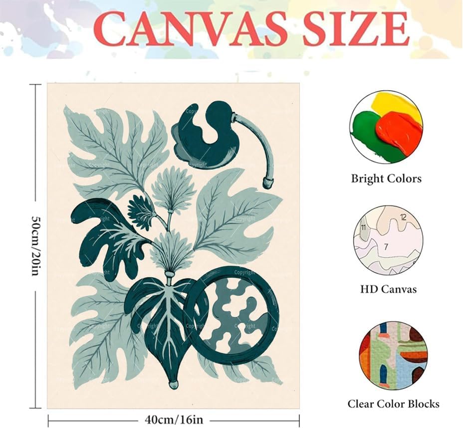 Sceorixa Floral Paint by Numbers Kit for Adults - DIY Teal Botanical Leaves Painting On Canvas 16X20 Inches, Acrylic Paint Set, Suitable for Beginners, Wall Art Decor for Home Decor Or Gift, Unframed - Image 2