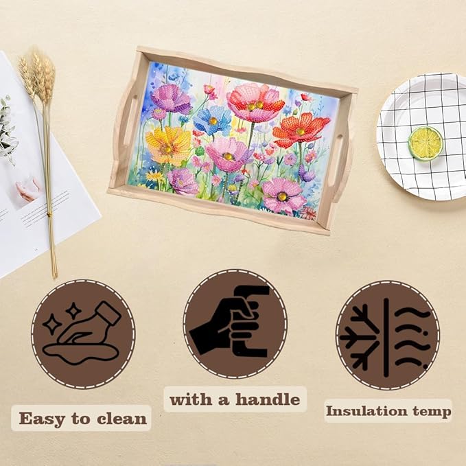 SHLUHA Diamond Art Kits for Adults Diamond Painting Wooden Serving Trays with Handle Food Tray for Party Breakfast Home Decor Gift