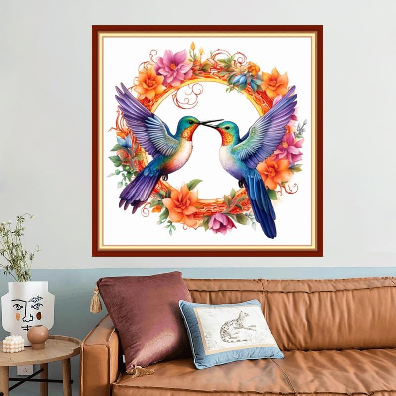 Joyhoor Stamped Cross Stitch Kits for Beginners, Needlepoint Kits for Adults, 11CT Counted Embroidery Kits-Hummingbird Wreath 18x18 inchs - Image 2