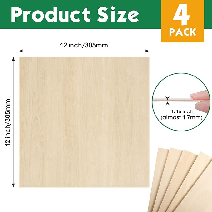 4 Pack Basswood Sheets 1/16x12x12 Inch,1/16 Basswood for Laser Cutting & Engraving, Thin Balsa Wood Sheets, Unfinished Wood for Crafts, Plywood Sheets for Models Making, Wood Burning and Painting.