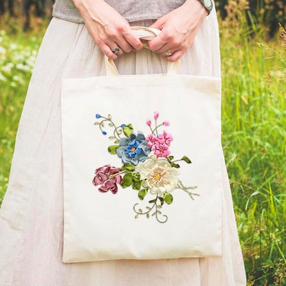 Canvas Tote Bag Silk Ribbon Embroidery Kit for Beginners, Arts DIY Crafts Starter kit, Include Stamped Bag Threads Hoop