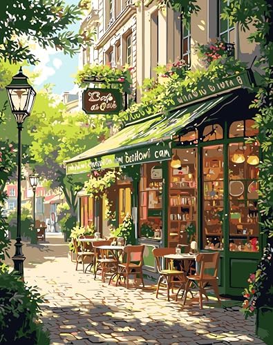 Mrnsiet Paint by Numbers Kit for Adults, Easy Street Cafe Adult Paint by Number Kits on Canvas, Spring Scene DIY Acrylic Oil Number Painting Kits for Home Wall Decor Gift 16x20 Inch by Mrnsiet