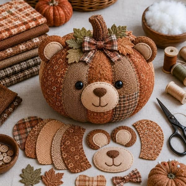 DIY Animal Pumpkin Sewing Kit,Harvest Fabric Animal Pumpkin Craft Set for Adults Beginners,Autumn Thanksgiving Home Ornament Craft Kit,Hand Sewing Decor (Bear) - Image 3